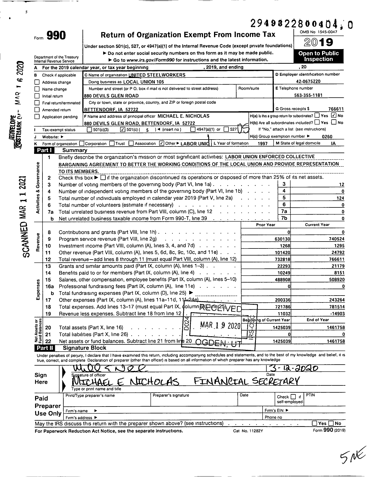 Image of first page of 2019 Form 990O for United Steelworkers - Local Union 105