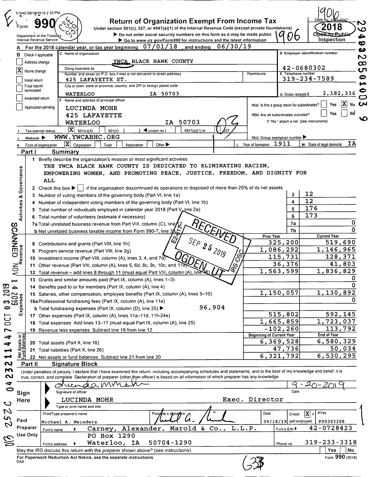 Image of first page of 2018 Form 990 for YWCA Black Hawk County