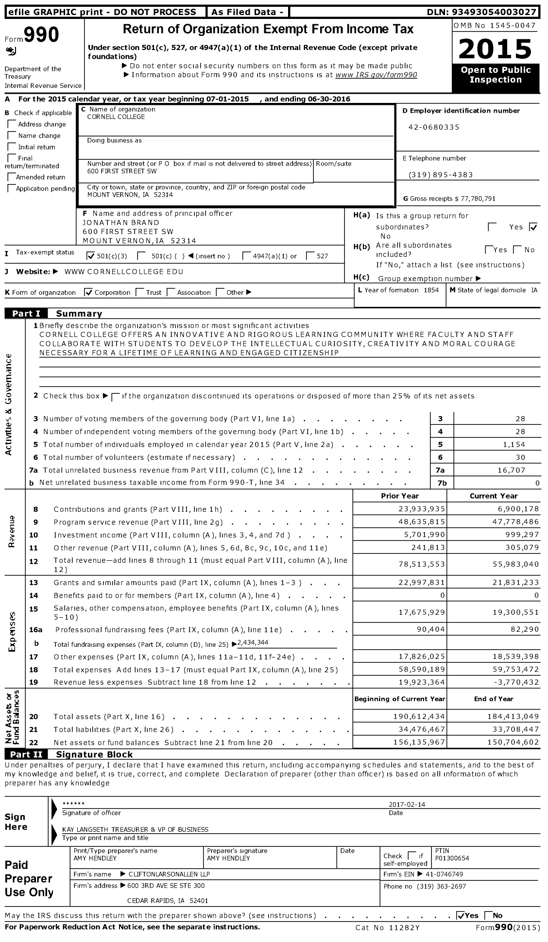 Image of first page of 2015 Form 990 for Cornell College