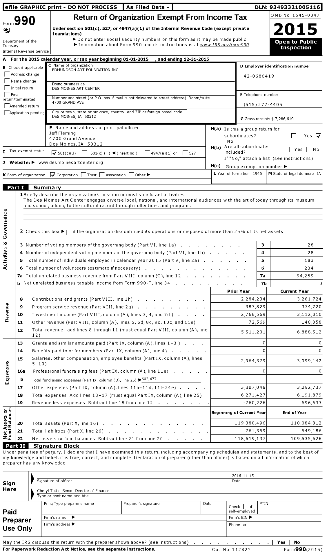 Image of first page of 2015 Form 990 for Des Moines Art Center