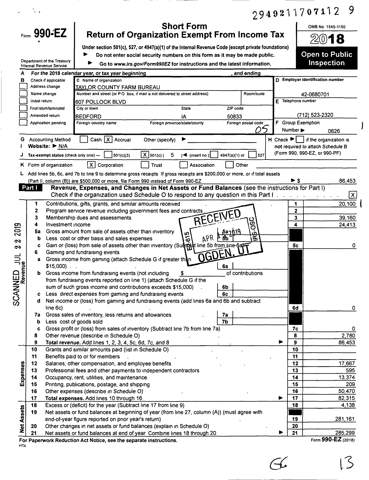 Image of first page of 2018 Form 990EO for Iowa Farm Bureau Federation - Taylor County Farm Bureau