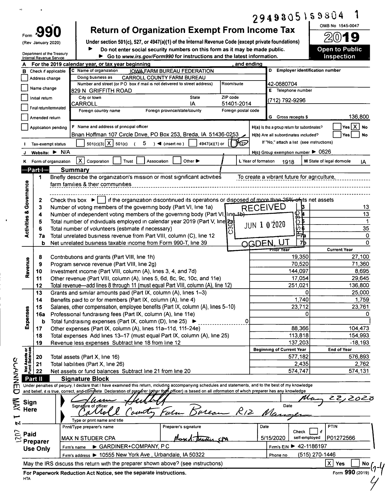 Image of first page of 2019 Form 990O for Iowa Farm Bureau Federation - Carroll County Farm Bureau