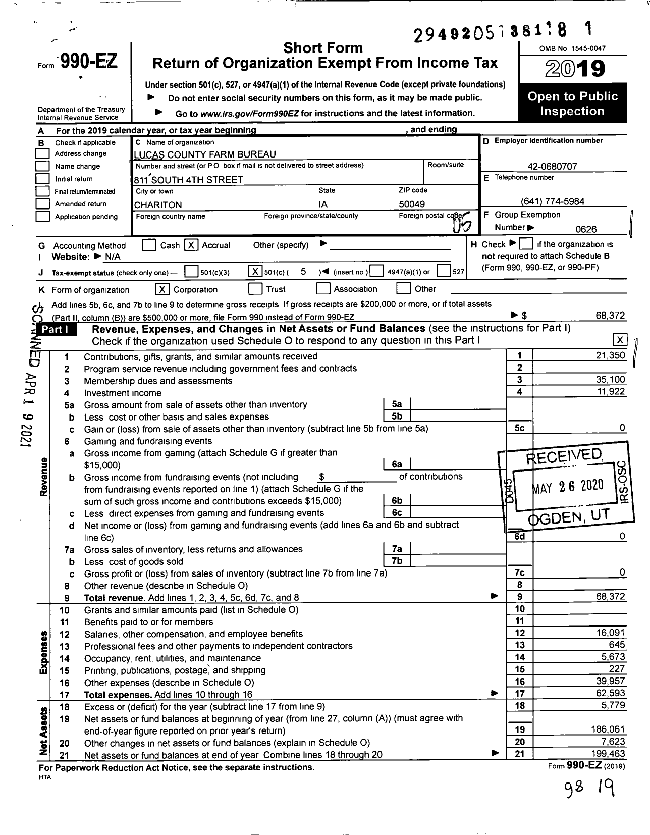 Image of first page of 2019 Form 990EO for Iowa Farm Bureau Federation - Lucas County Farm Bureau