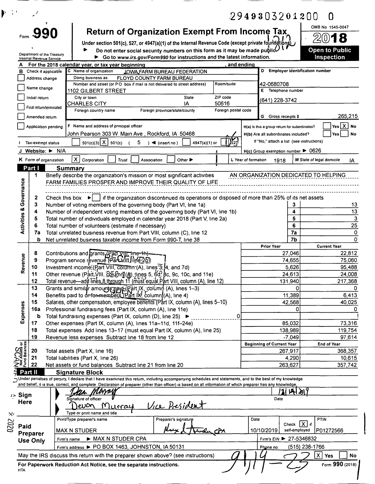 Image of first page of 2018 Form 990O for Iowa Farm Bureau Federation - Floyd County Farm Bureau