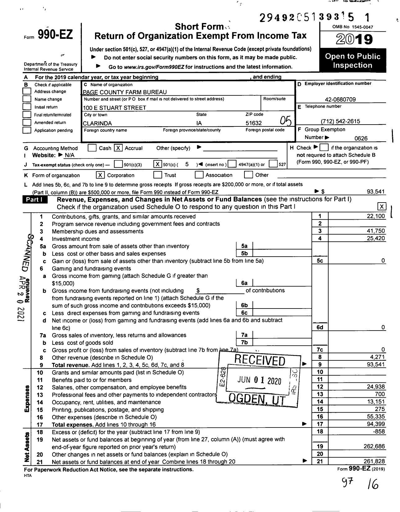 Image of first page of 2019 Form 990EO for Iowa Farm Bureau Federation - Page County Farm Bureau