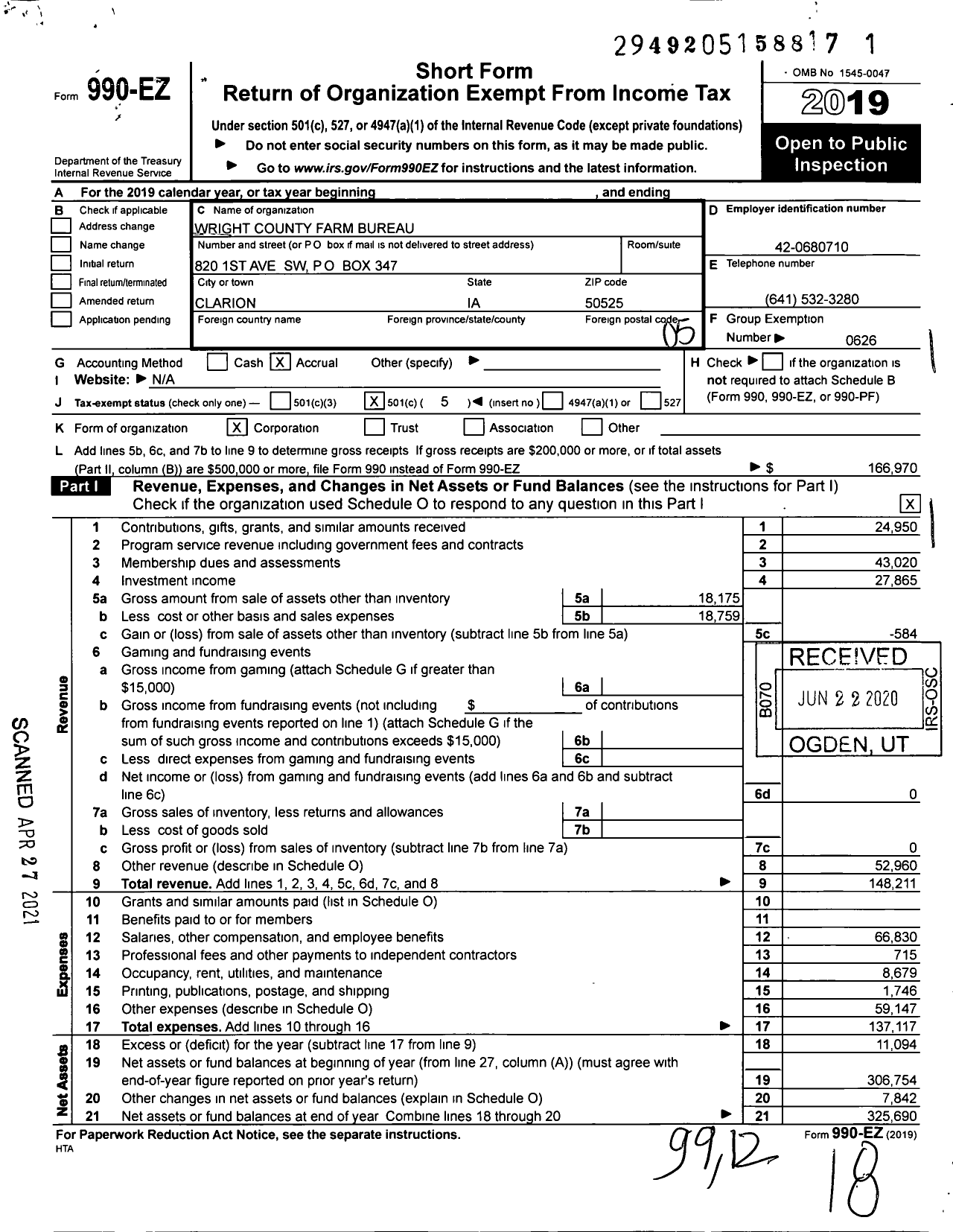 Image of first page of 2019 Form 990EO for Iowa Farm Bureau Federation - Wright County Farm Bureau