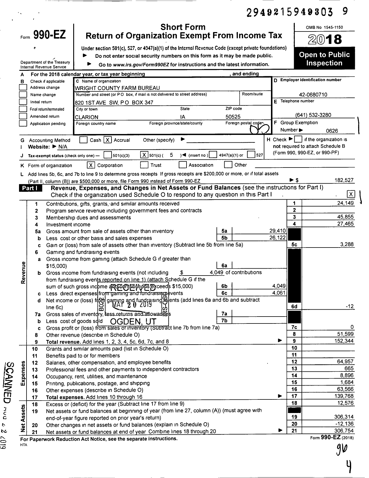 Image of first page of 2018 Form 990EO for Iowa Farm Bureau Federation - Wright County Farm Bureau