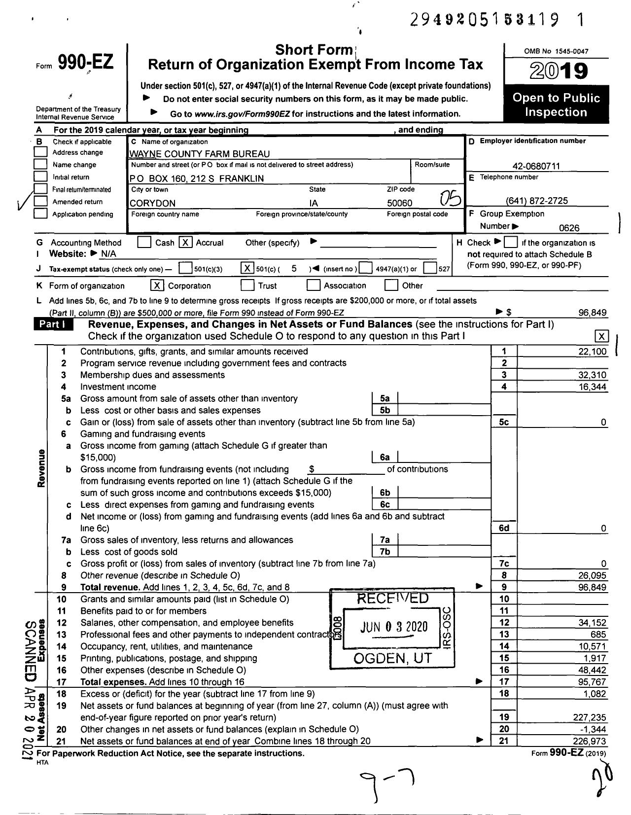 Image of first page of 2019 Form 990EO for Iowa Farm Bureau Federation - Wayne County Farm Bureau