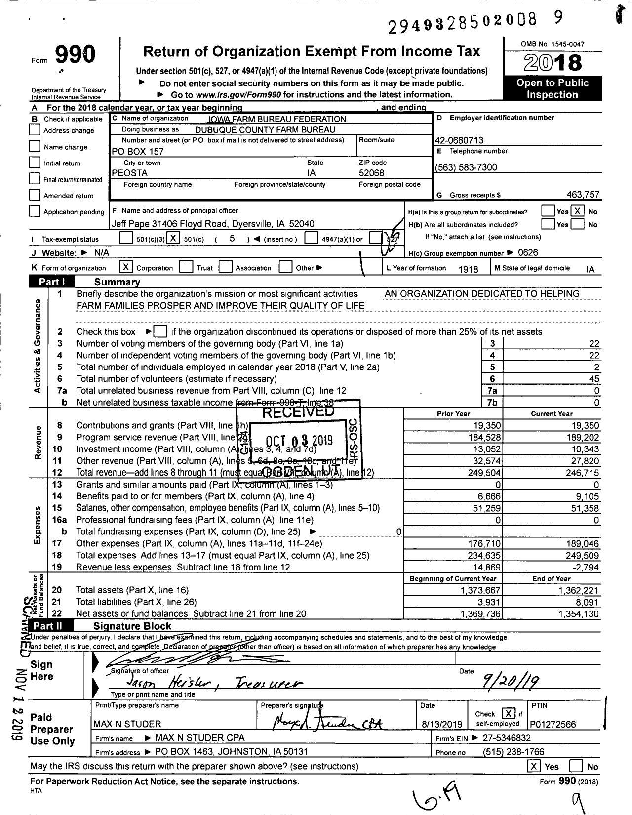 Image of first page of 2018 Form 990O for Iowa Farm Bureau Federation - Dubuque County Farm Bureau