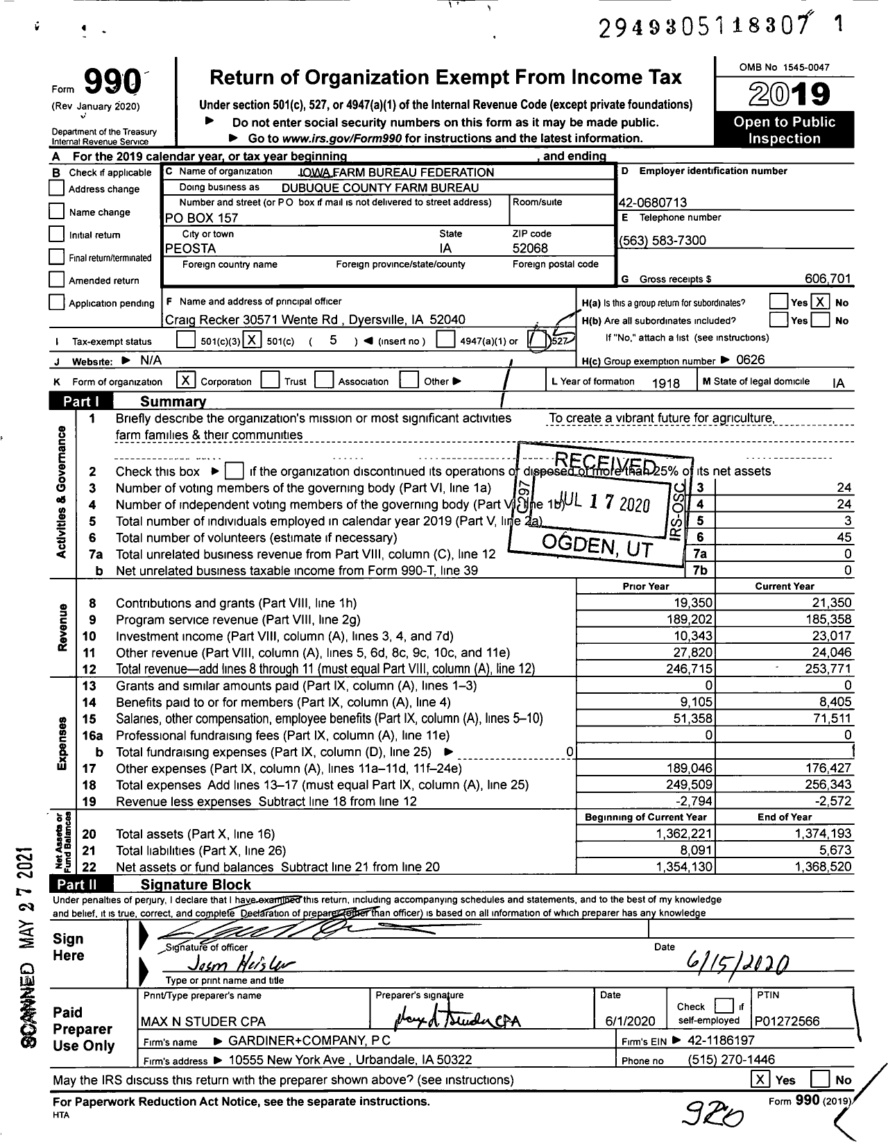 Image of first page of 2019 Form 990O for Iowa Farm Bureau Federation - Dubuque County Farm Bureau