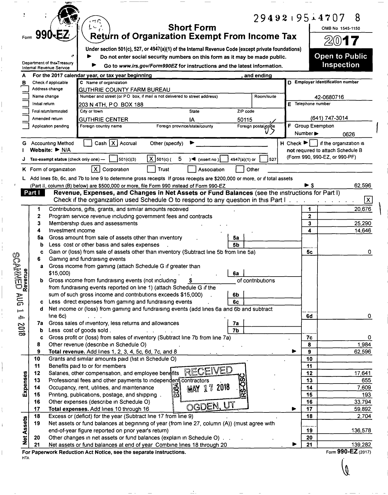 Image of first page of 2017 Form 990EO for Iowa Farm Bureau Federation - Guthrie County Farm Bureau