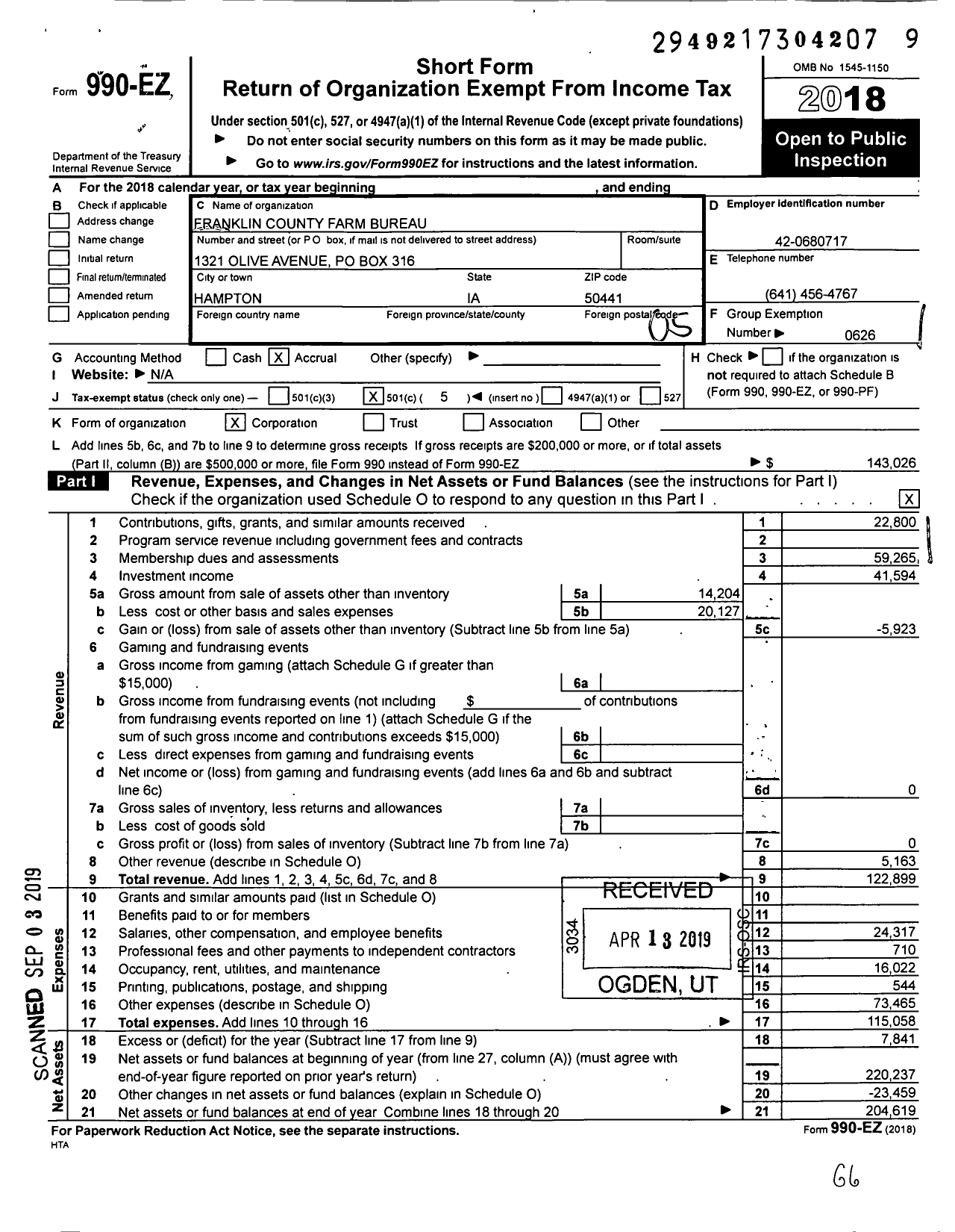 Image of first page of 2018 Form 990EO for Iowa Farm Bureau Federation - Franklin County Farm Bureau