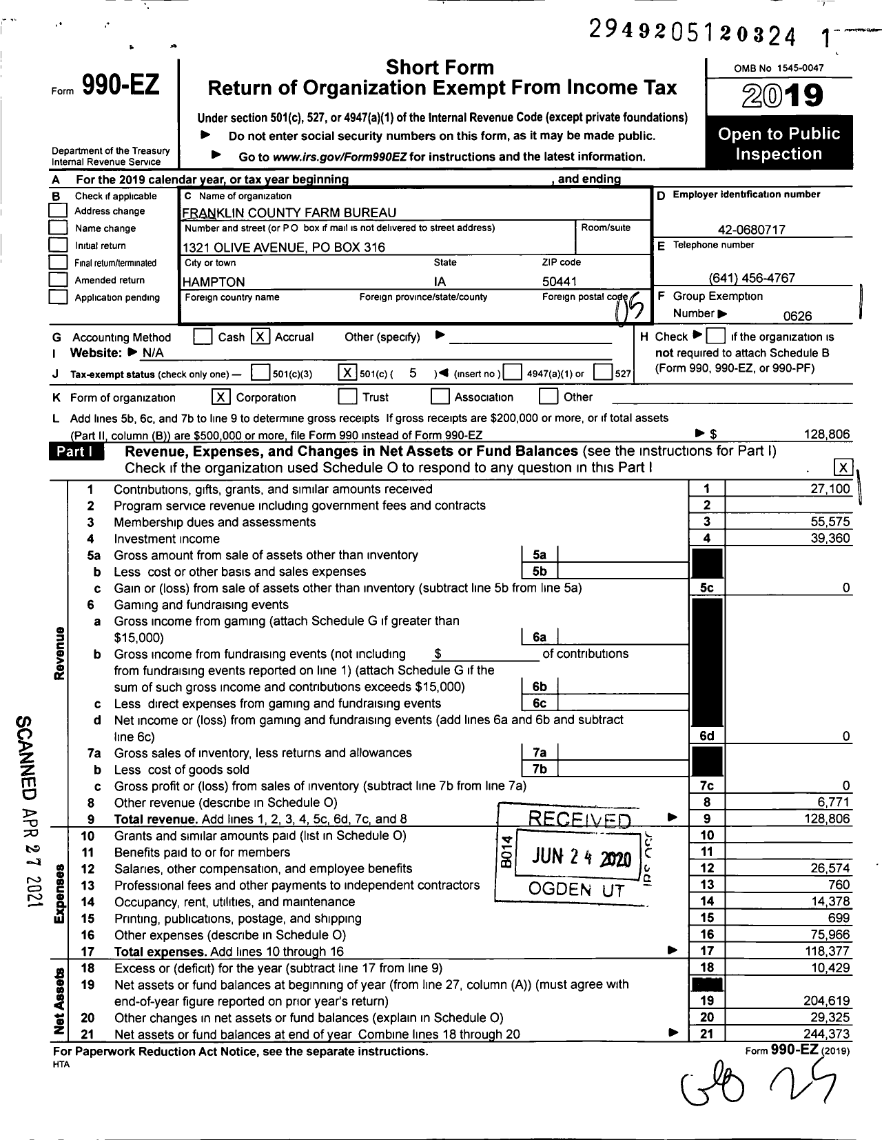 Image of first page of 2019 Form 990EO for Iowa Farm Bureau Federation - Franklin County Farm Bureau