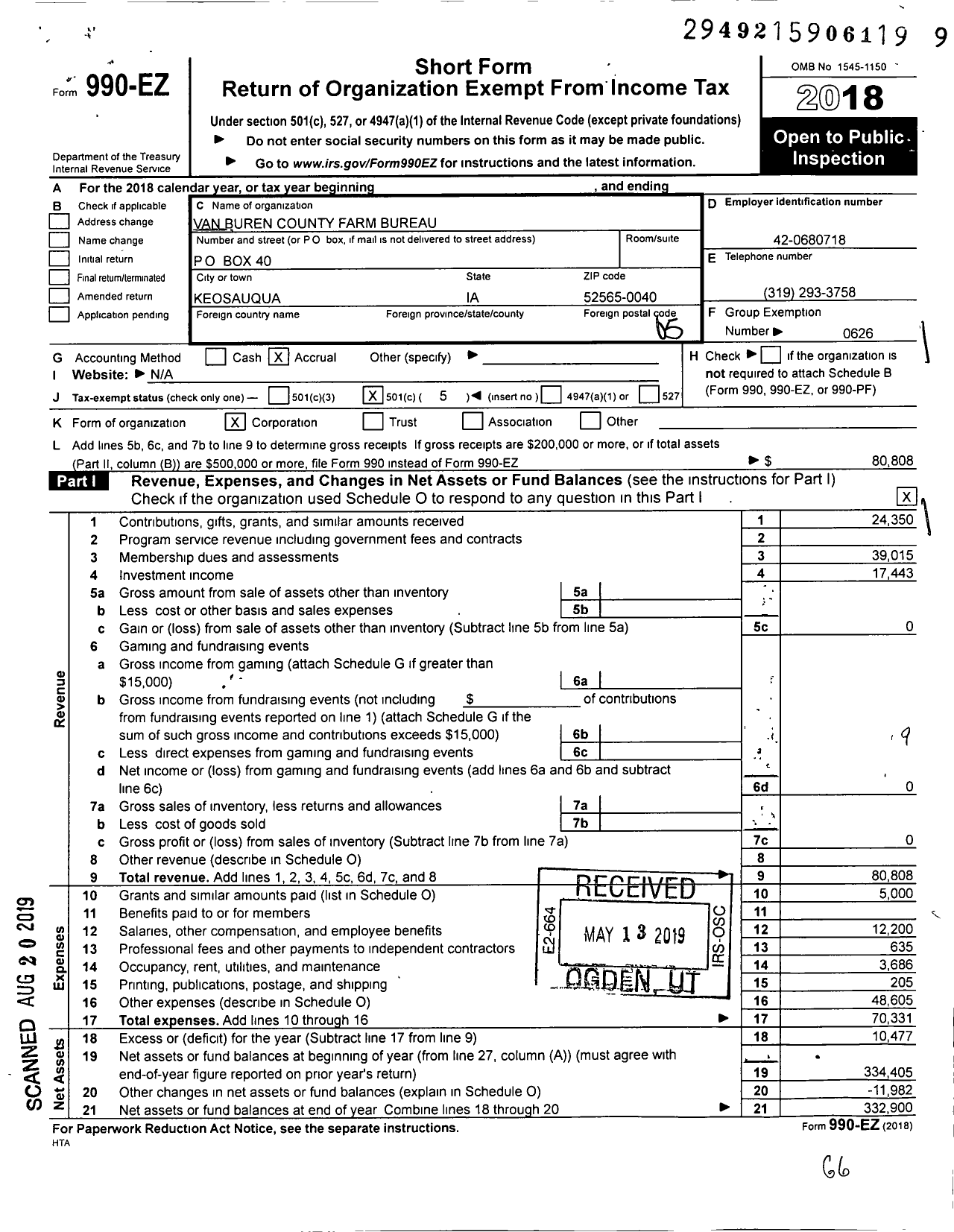 Image of first page of 2018 Form 990EO for Iowa Farm Bureau Federation - Van Buren County Farm Bureau