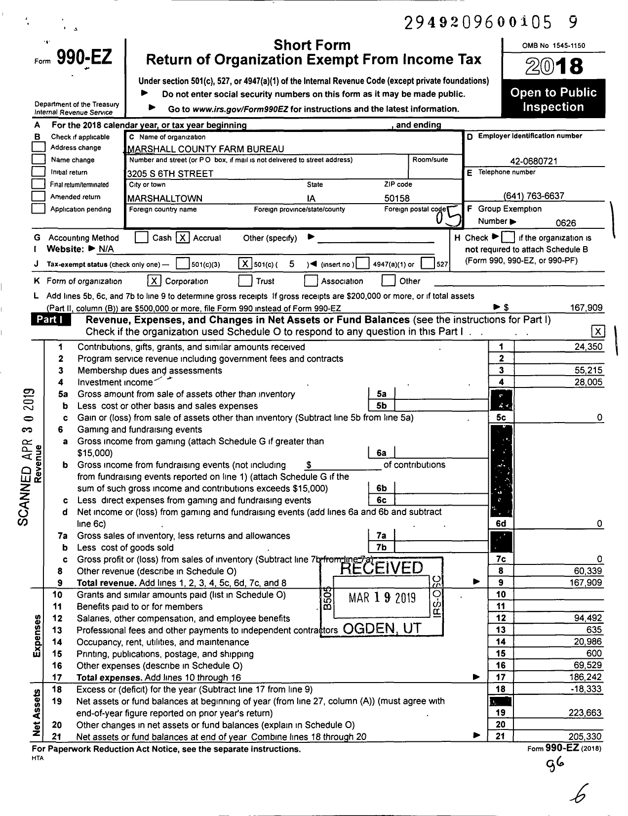 Image of first page of 2018 Form 990EO for Iowa Farm Bureau Federation - Marshall County Farm Bureau