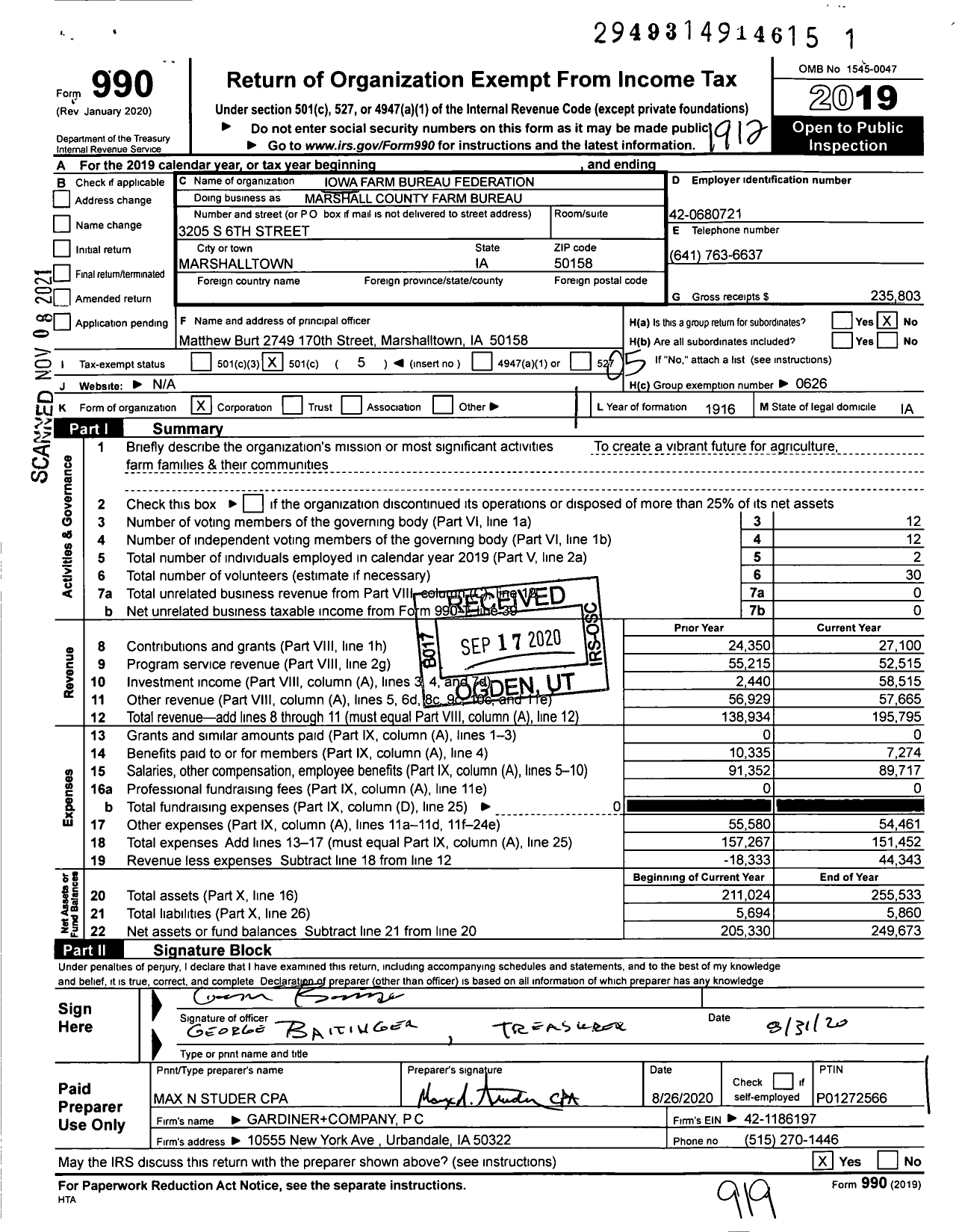 Image of first page of 2019 Form 990O for Iowa Farm Bureau Federation - Marshall County Farm Bureau