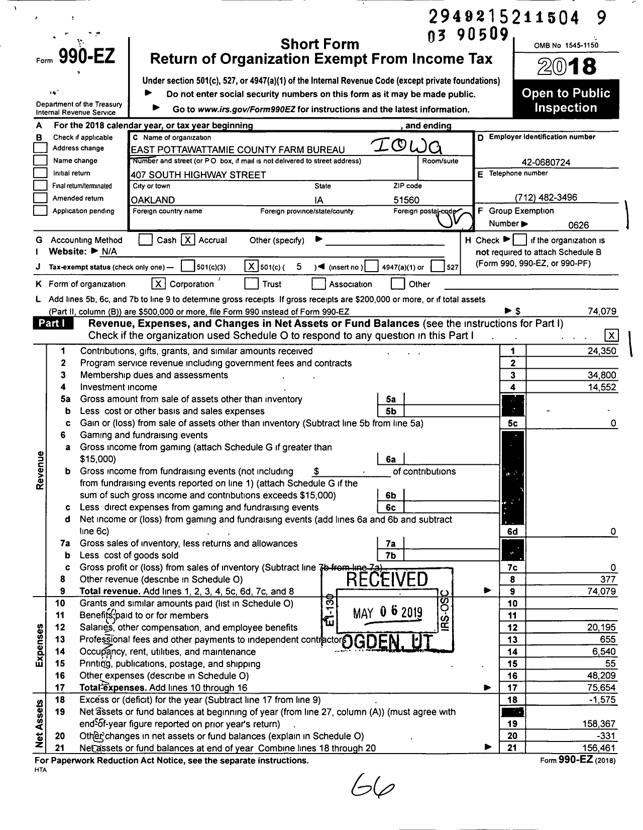 Image of first page of 2018 Form 990EO for Iowa Farm Bureau Federation - East Pottawattamie County Farm Bureau