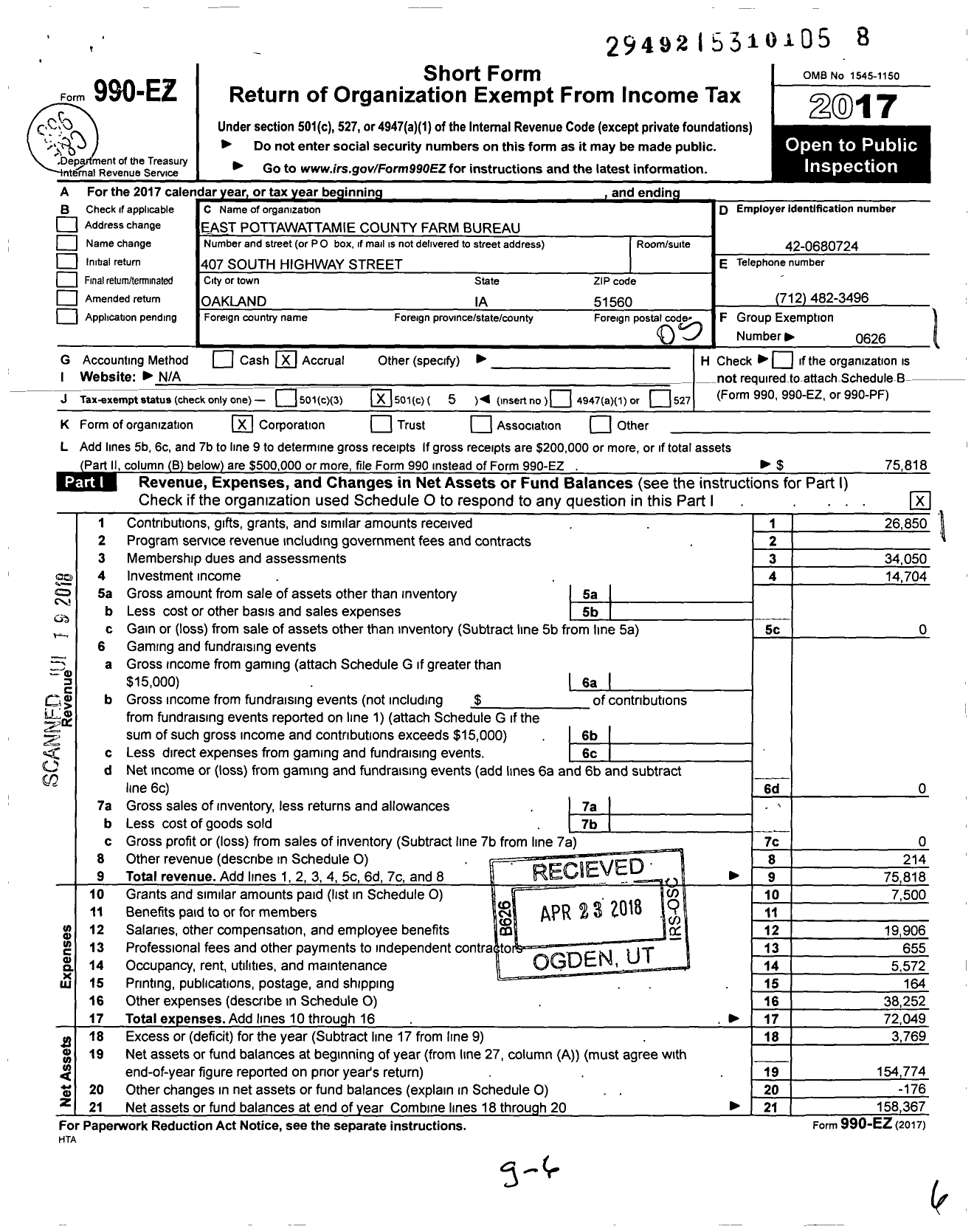 Image of first page of 2017 Form 990EO for Iowa Farm Bureau Federation - East Pottawattamie County Farm Bureau