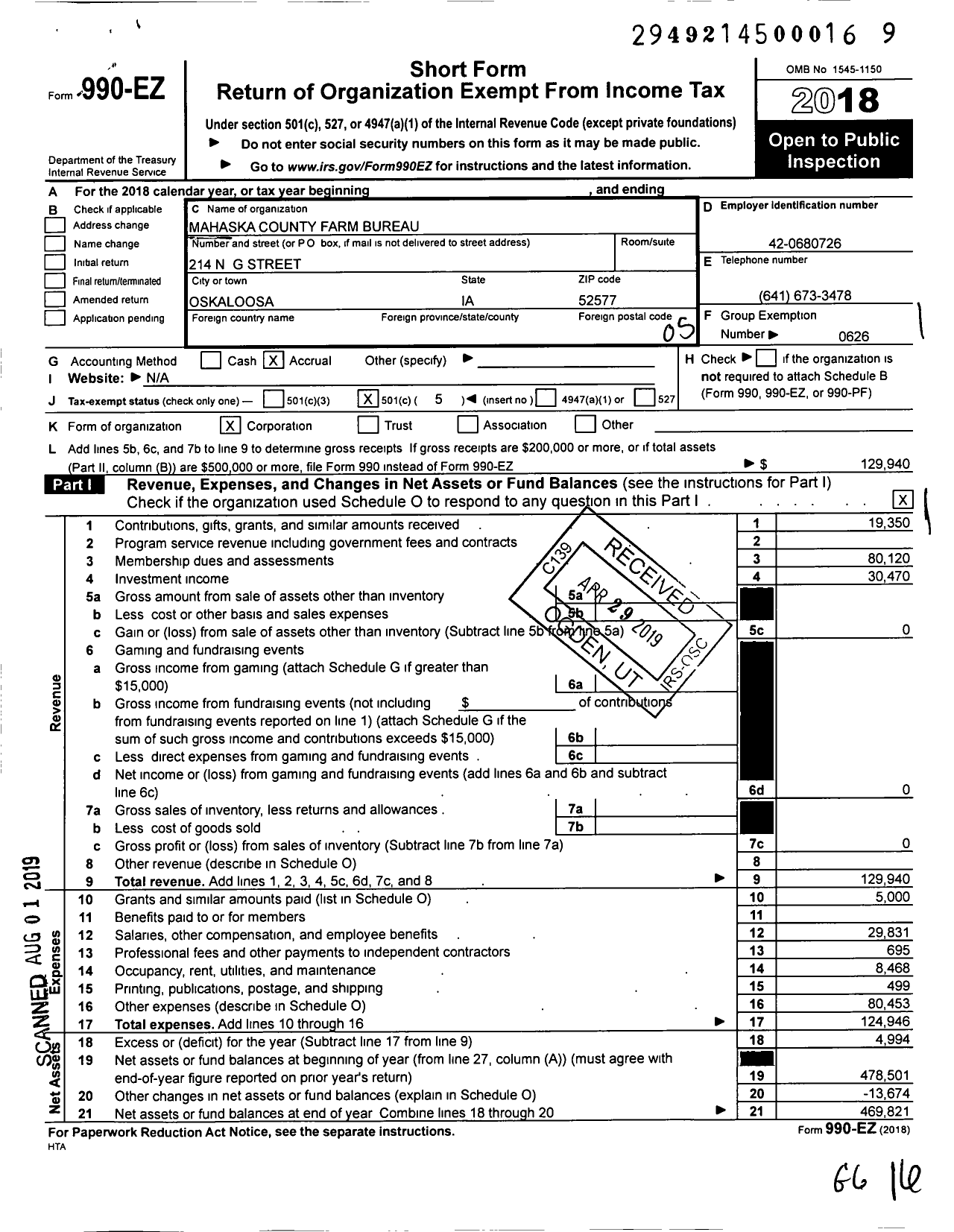 Image of first page of 2018 Form 990EO for Iowa Farm Bureau Federation - Mahaska County Farm Bureau