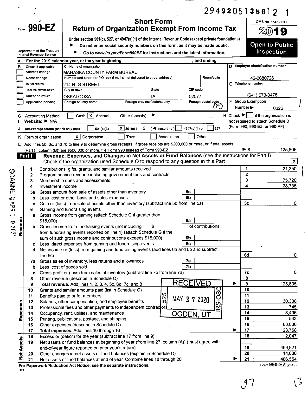 Image of first page of 2019 Form 990EO for Iowa Farm Bureau Federation - Mahaska County Farm Bureau