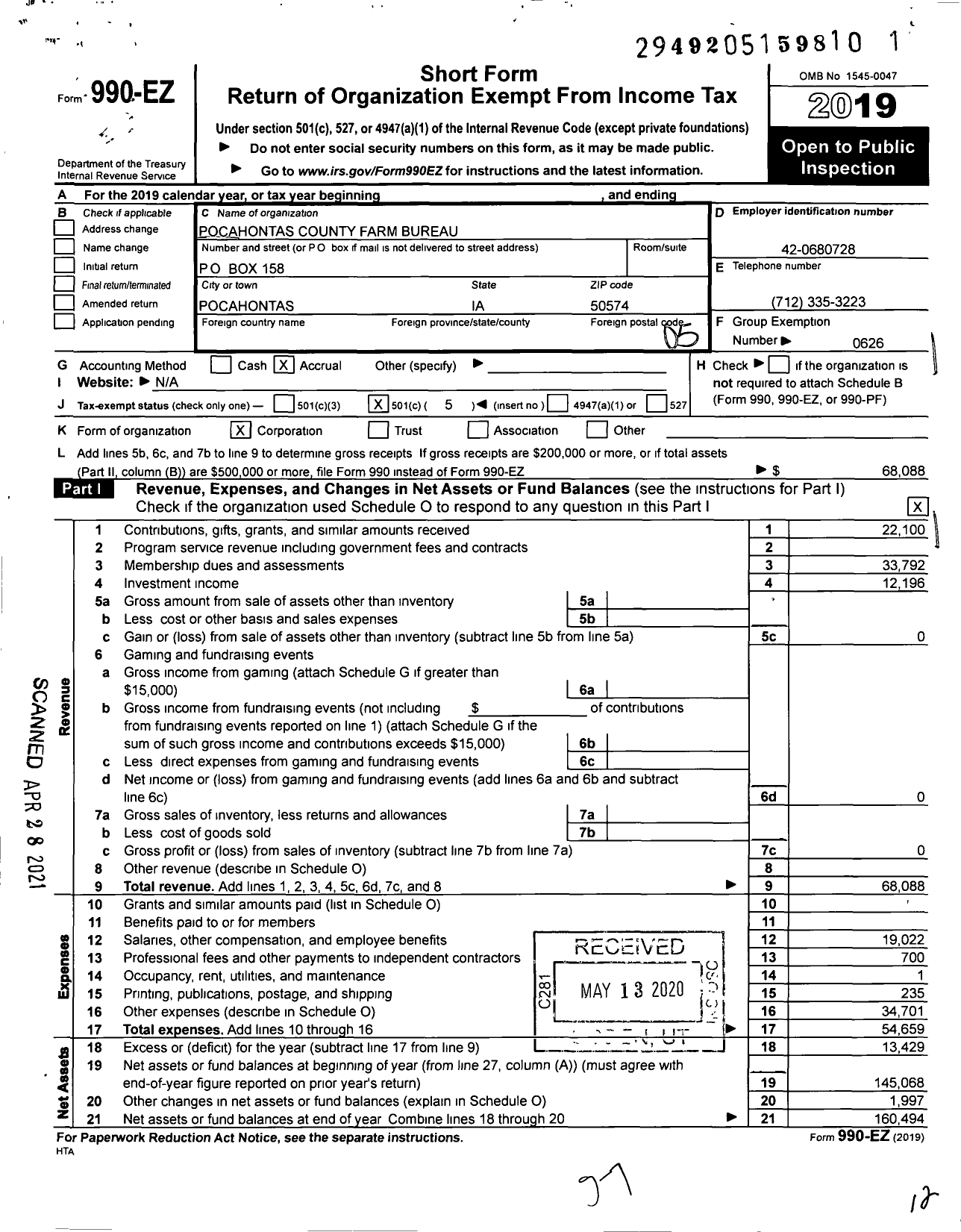 Image of first page of 2019 Form 990EO for Iowa Farm Bureau Federation - Pocahontas County Farm Bureau