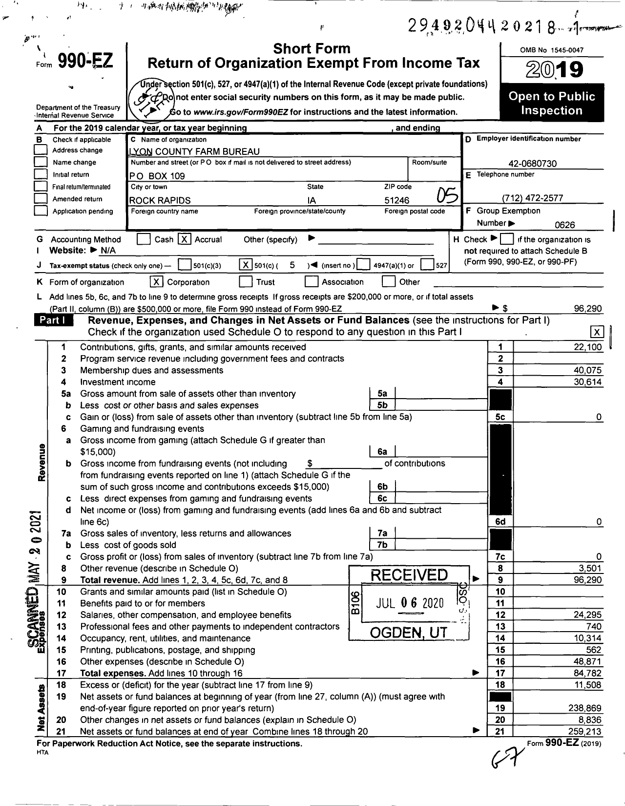 Image of first page of 2019 Form 990EO for Iowa Farm Bureau Federation - Lyon County Farm Bureau