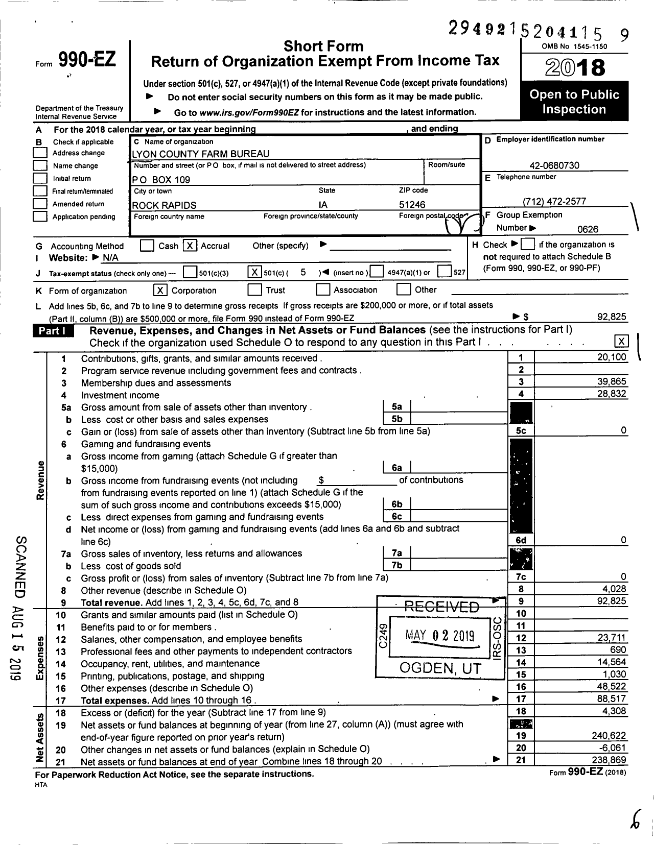 Image of first page of 2018 Form 990EO for Iowa Farm Bureau Federation - Lyon County Farm Bureau