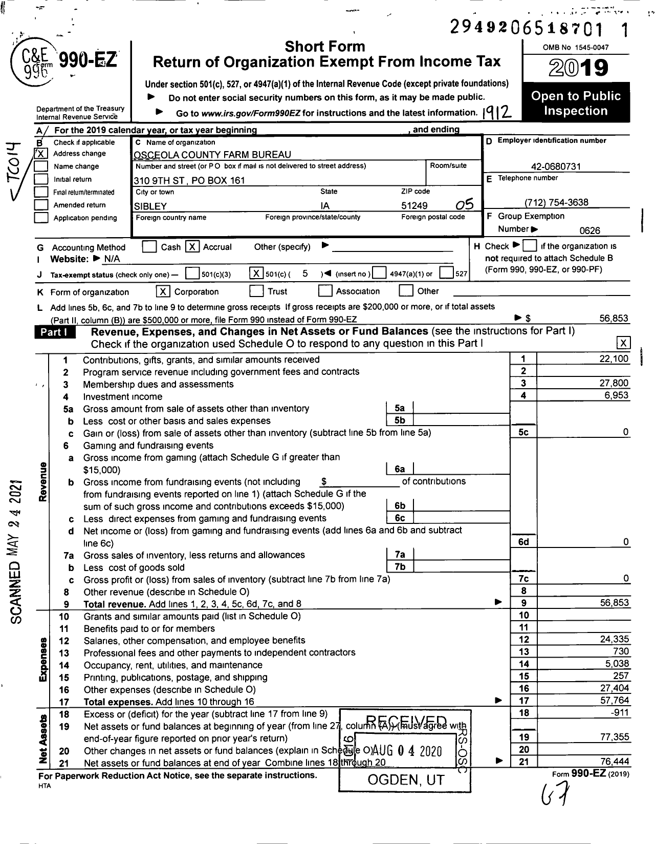 Image of first page of 2019 Form 990EO for Iowa Farm Bureau Federation - Osceola County Farm Bureau