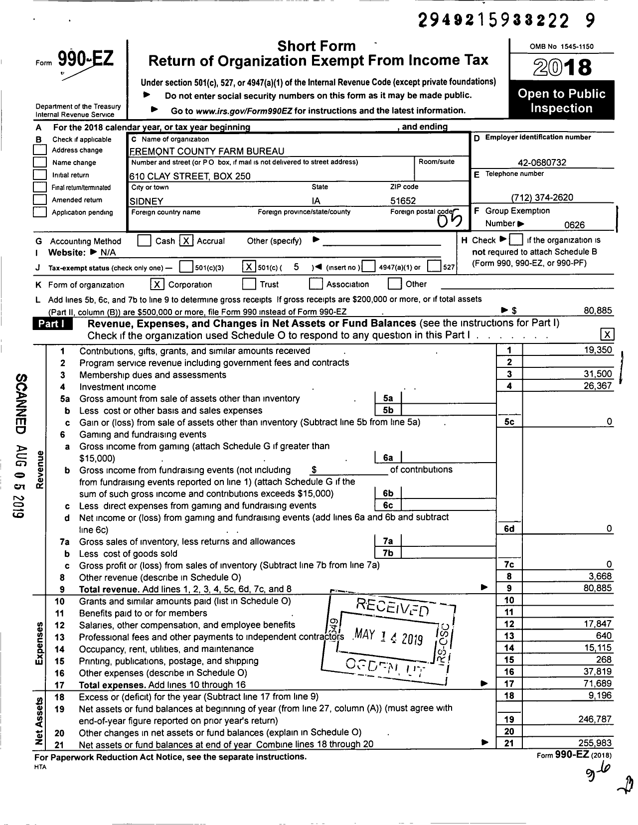 Image of first page of 2018 Form 990EO for Iowa Farm Bureau Federation - Fremont County Farm Bureau