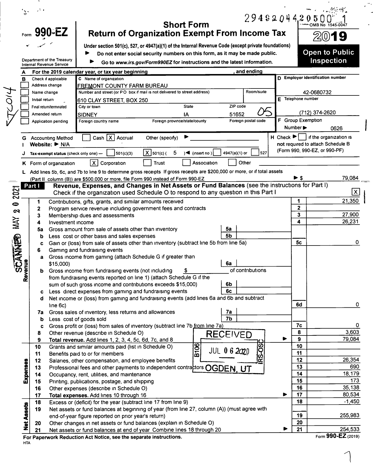 Image of first page of 2019 Form 990EO for Iowa Farm Bureau Federation - Fremont County Farm Bureau