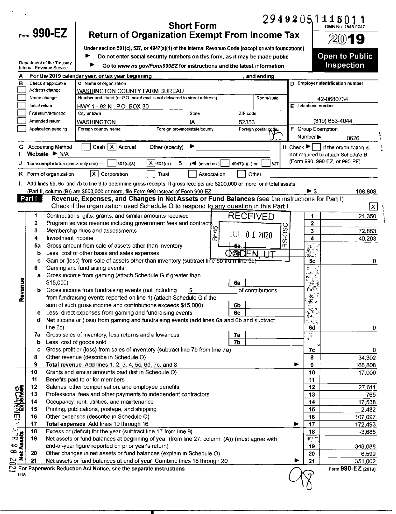 Image of first page of 2019 Form 990EO for Iowa Farm Bureau Federation - Washington County Farm Bureau