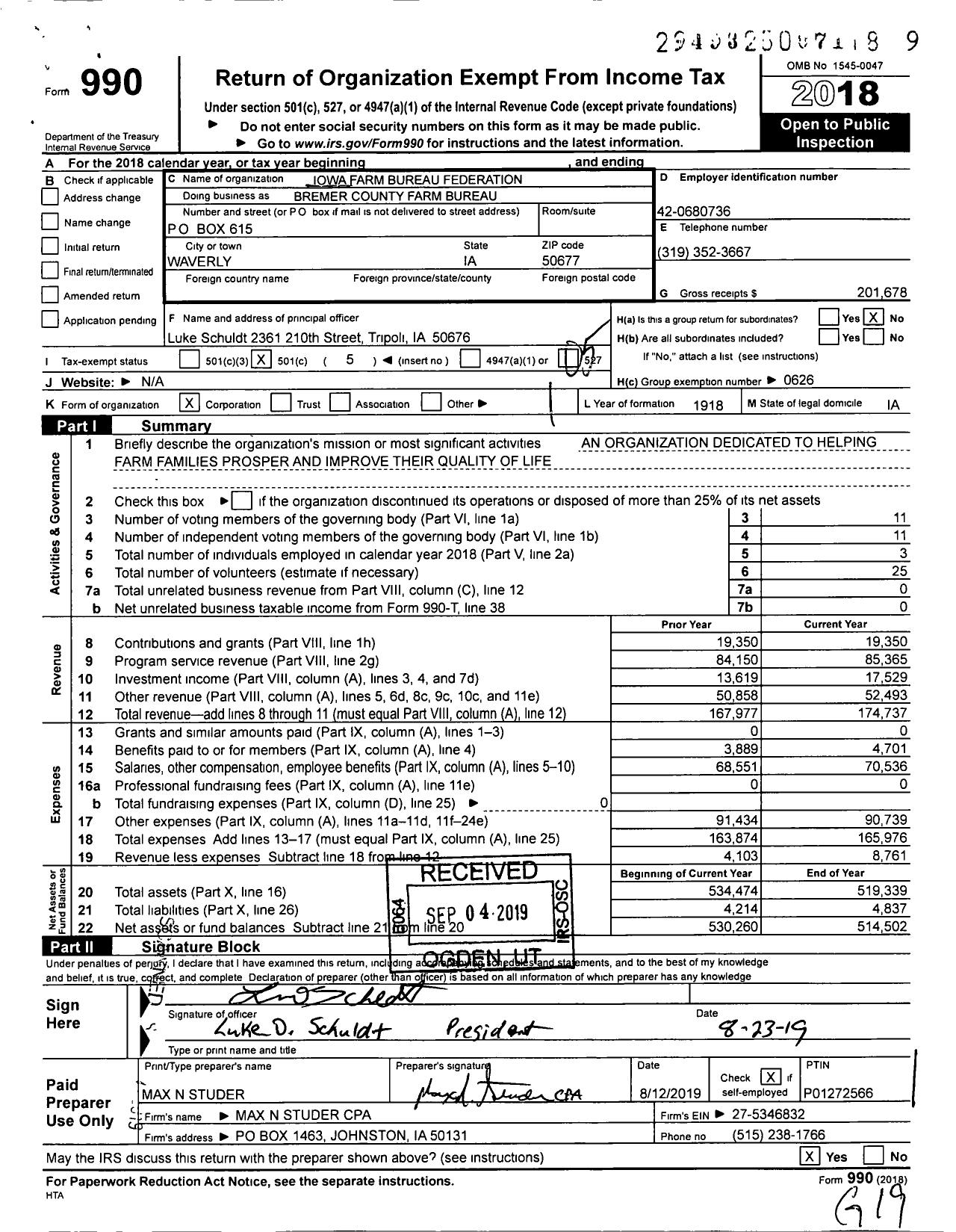 Image of first page of 2018 Form 990O for Iowa Farm Bureau Federation - Bremer County