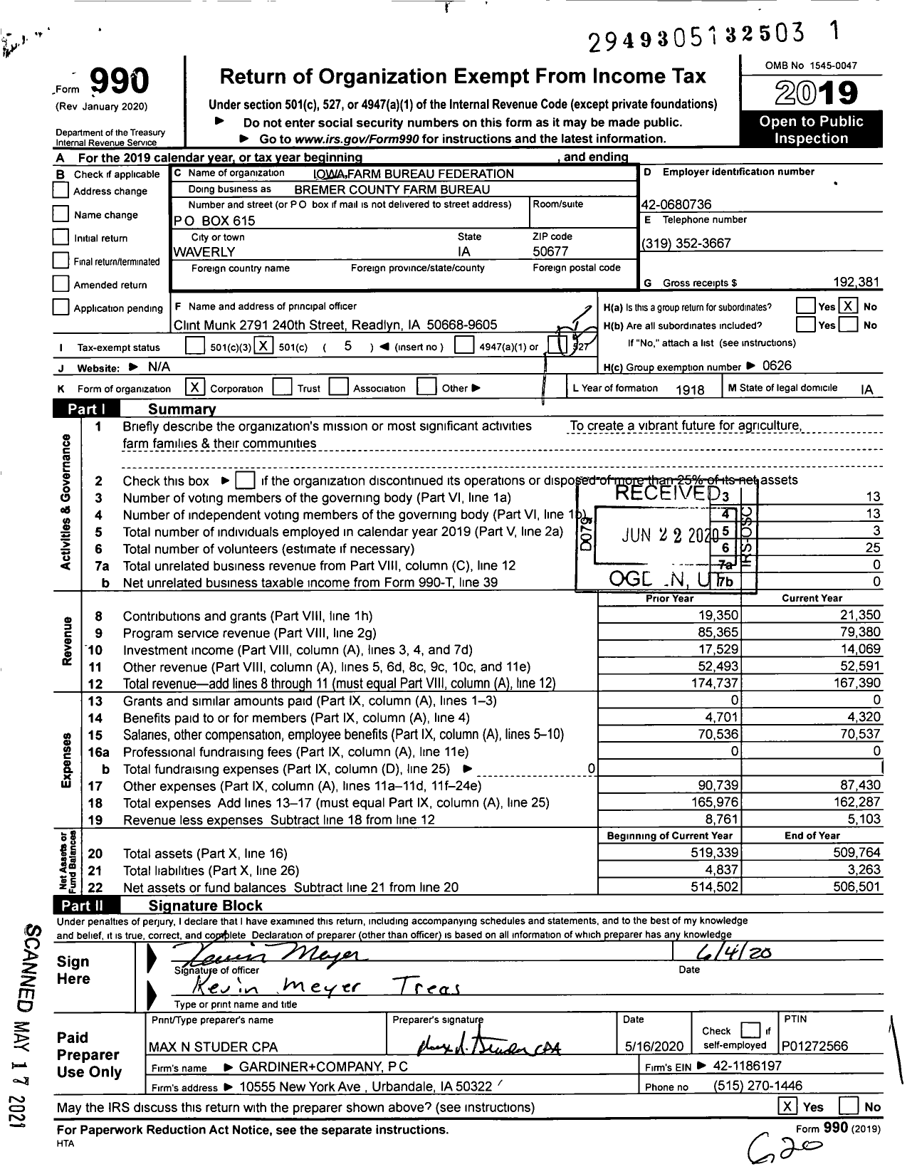 Image of first page of 2019 Form 990O for Iowa Farm Bureau Federation - Bremer County