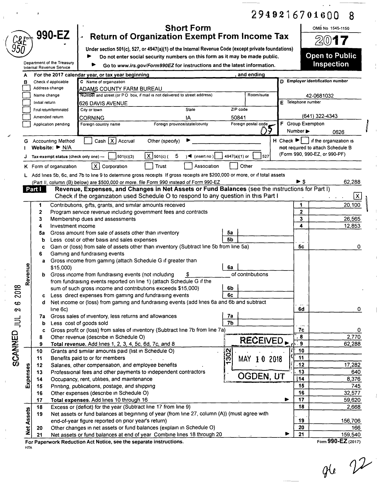 Image of first page of 2017 Form 990EO for Iowa Farm Bureau Federation - Adams County Farm Bureau