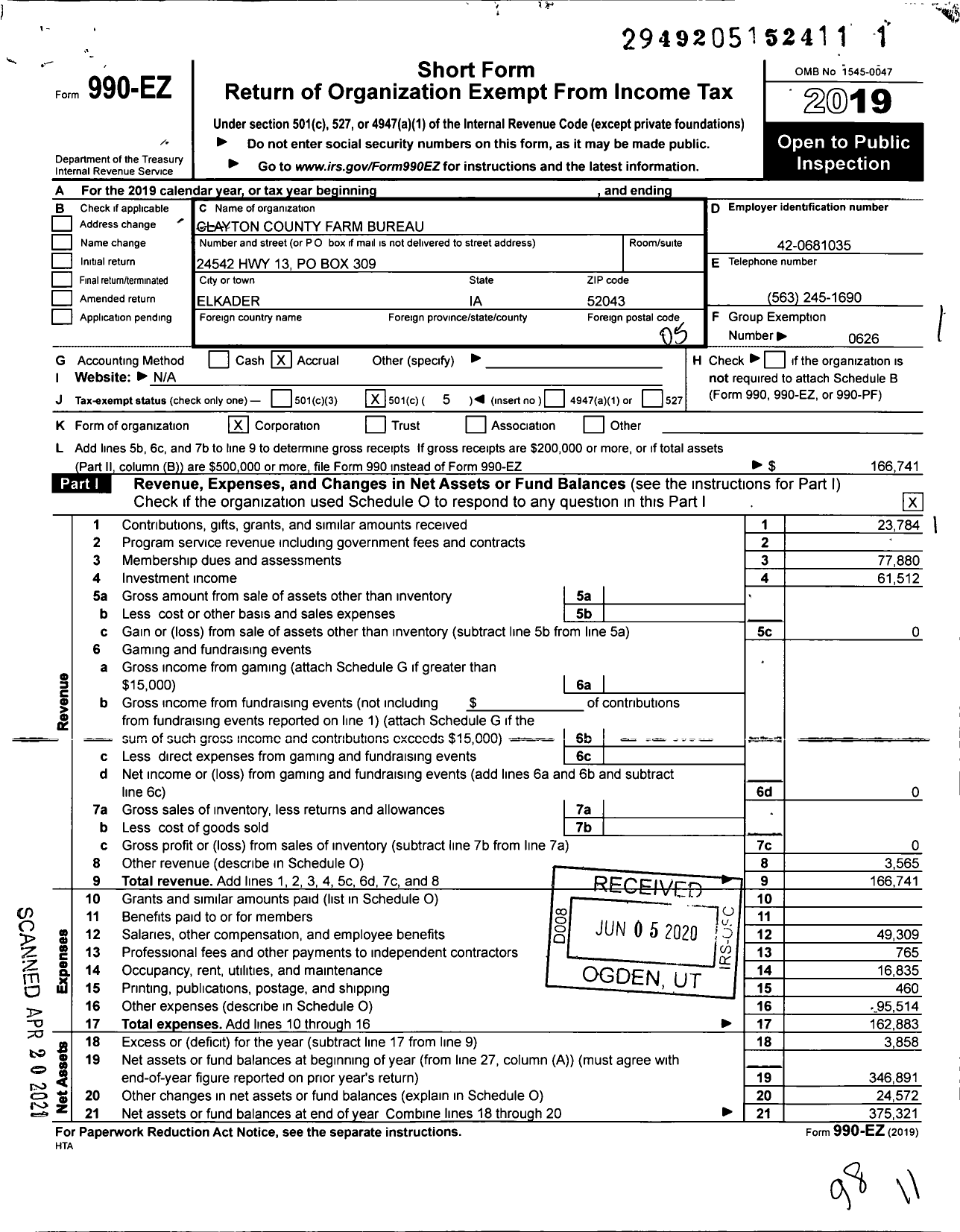 Image of first page of 2019 Form 990EO for Iowa Farm Bureau Federation - Clayton County Farm Bureau