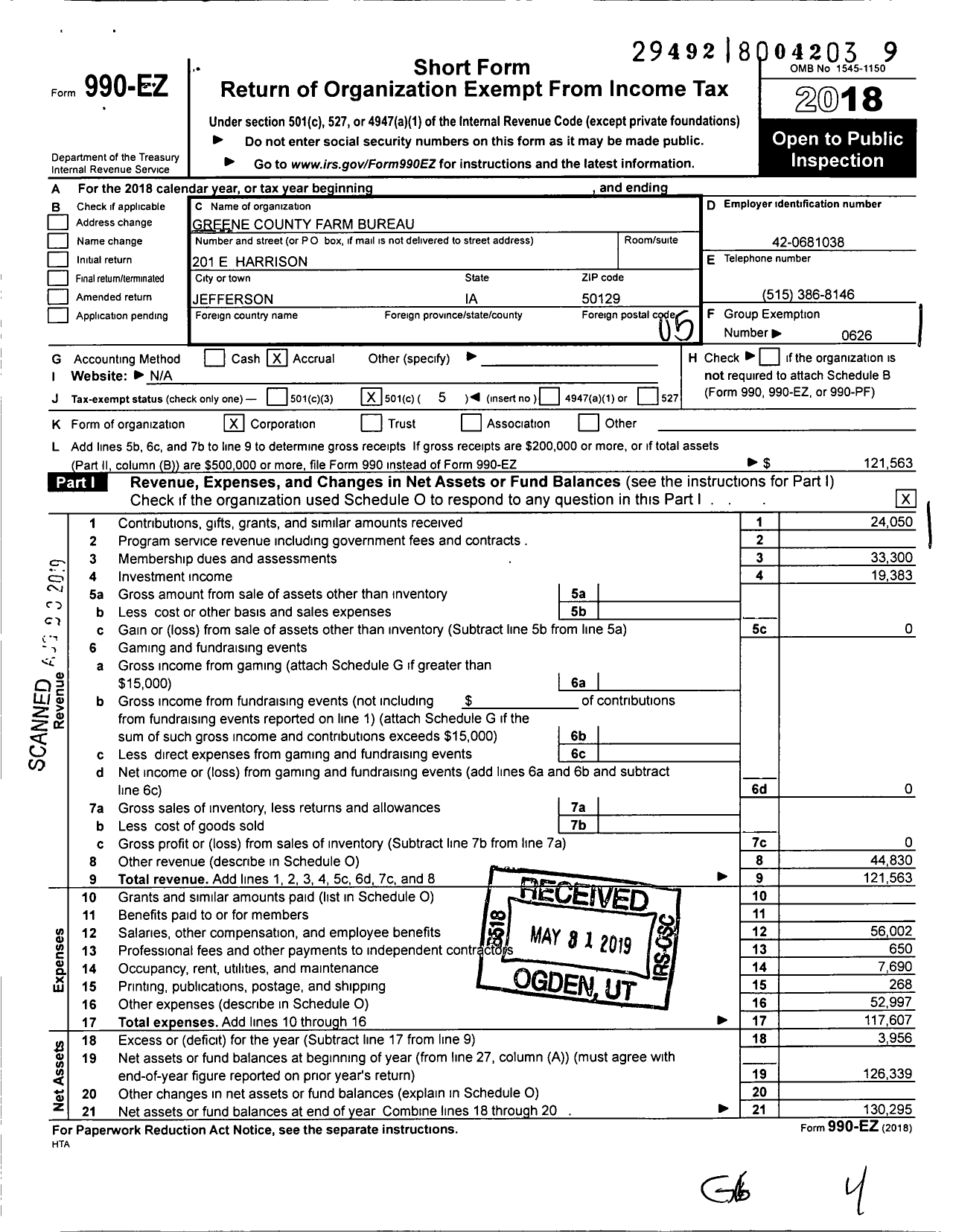 Image of first page of 2018 Form 990EO for Iowa Farm Bureau Federation - Greene County Farm Bureau