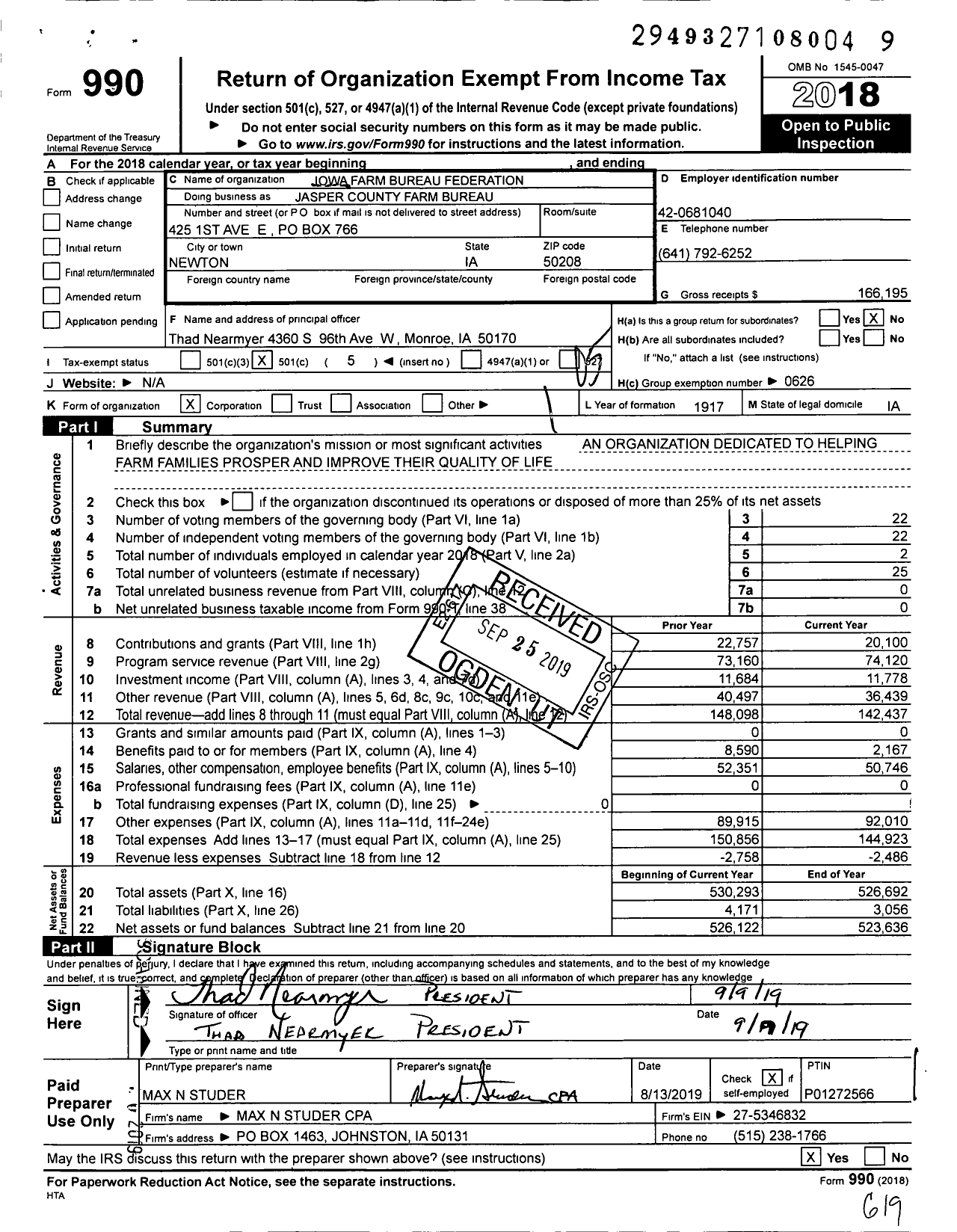 Image of first page of 2018 Form 990O for Iowa Farm Bureau Federation - Jasper County Farm Bureau