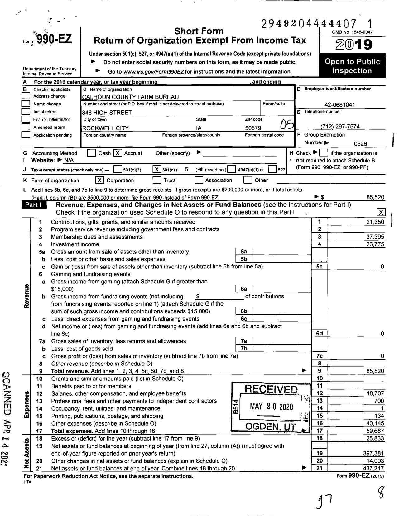 Image of first page of 2019 Form 990EO for Iowa Farm Bureau Federation - Calhoun County Farm Bureau