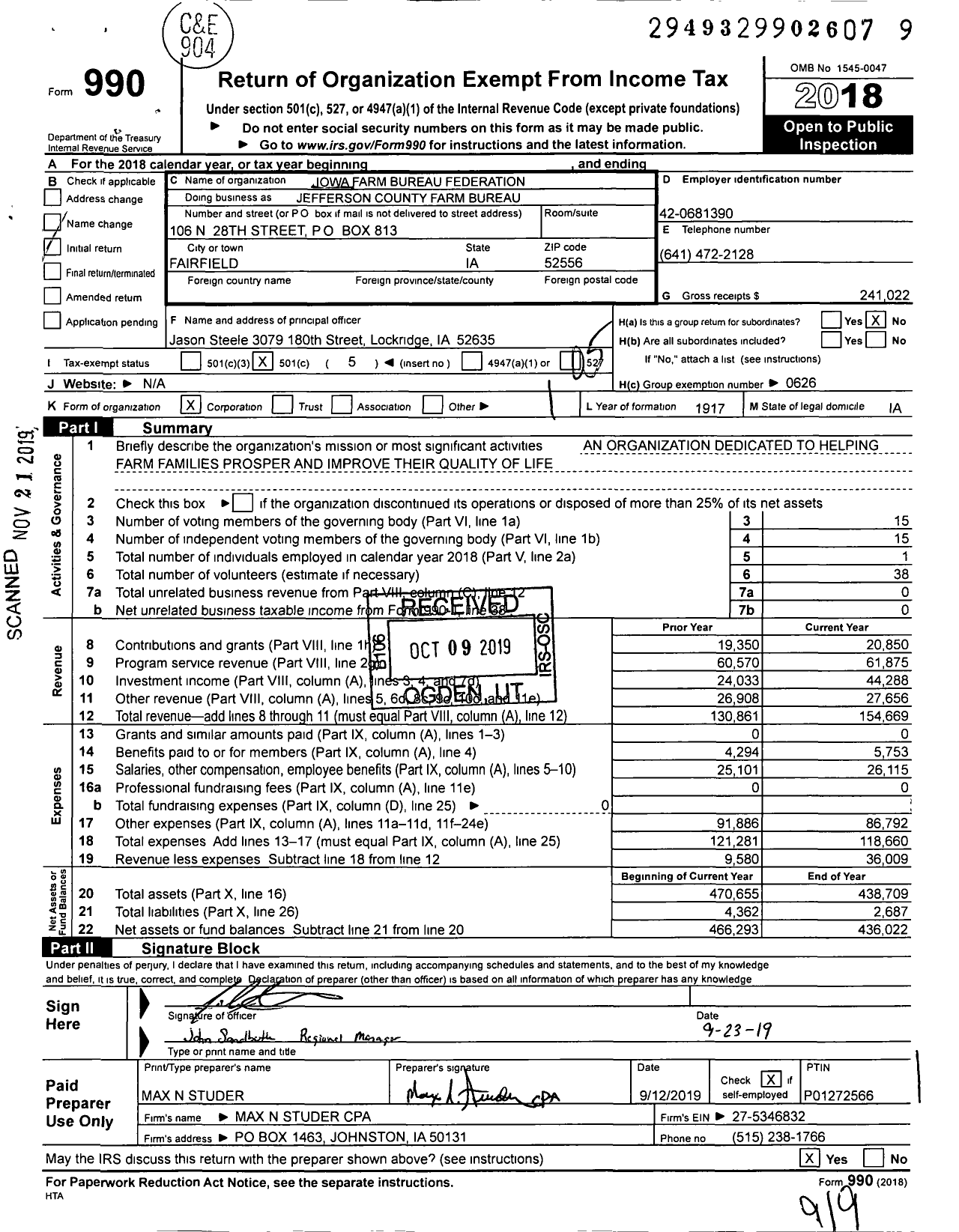 Image of first page of 2018 Form 990O for Iowa Farm Bureau Federation - Jefferson County Farm Bureau