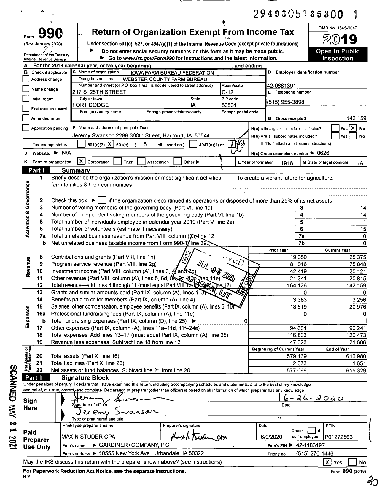 Image of first page of 2019 Form 990O for Iowa Farm Bureau Federation - Webster County