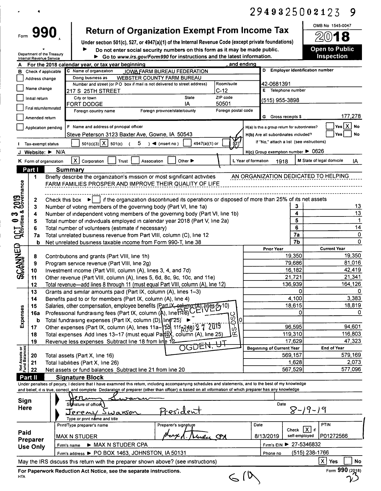 Image of first page of 2018 Form 990O for Iowa Farm Bureau Federation - Webster County