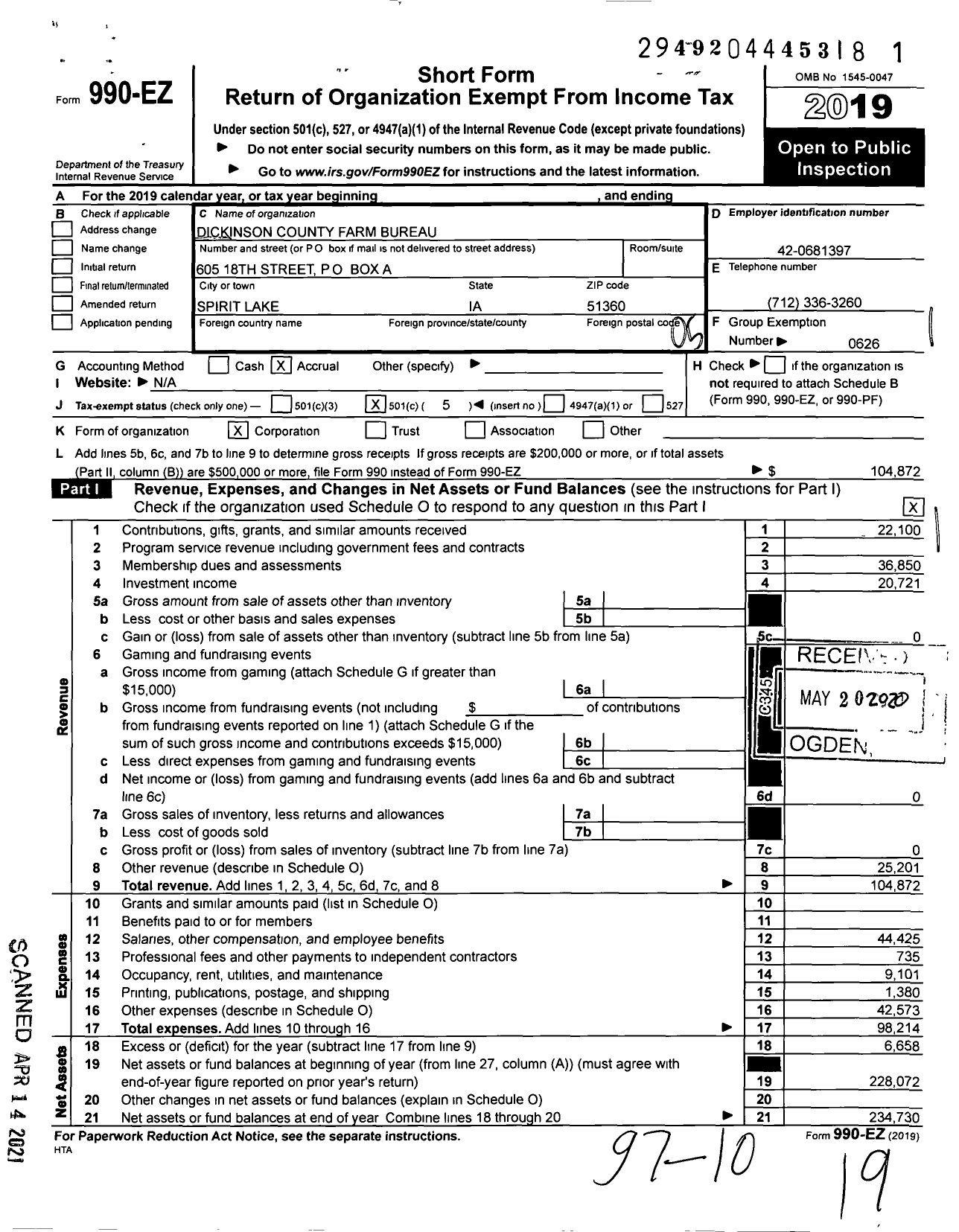 Image of first page of 2019 Form 990EO for Iowa Farm Bureau Federation - Dickinson County Farm Bureau