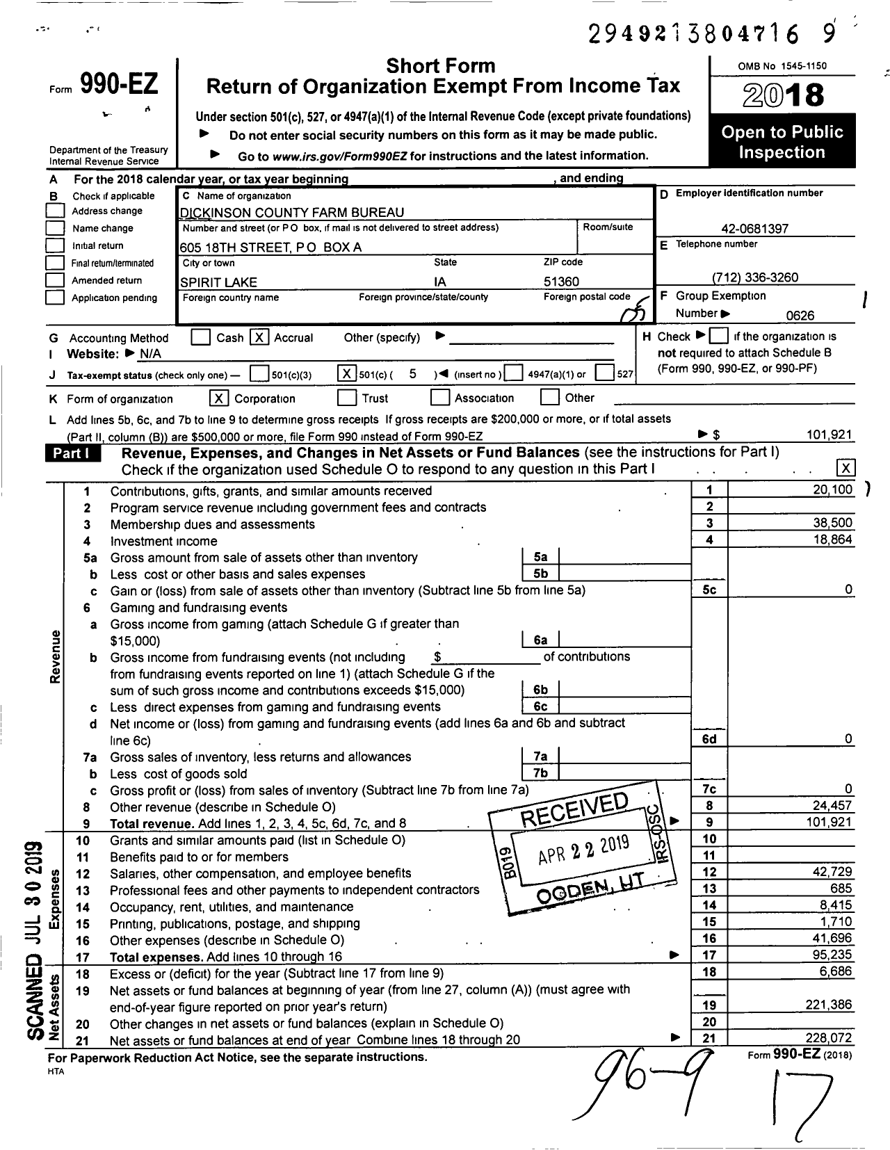 Image of first page of 2018 Form 990EO for Iowa Farm Bureau Federation - Dickinson County Farm Bureau