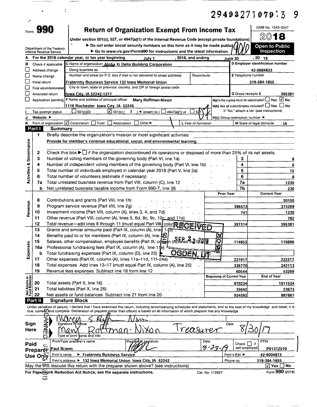 Image of first page of 2018 Form 990O for Alpha Xi Delta Building Corporation