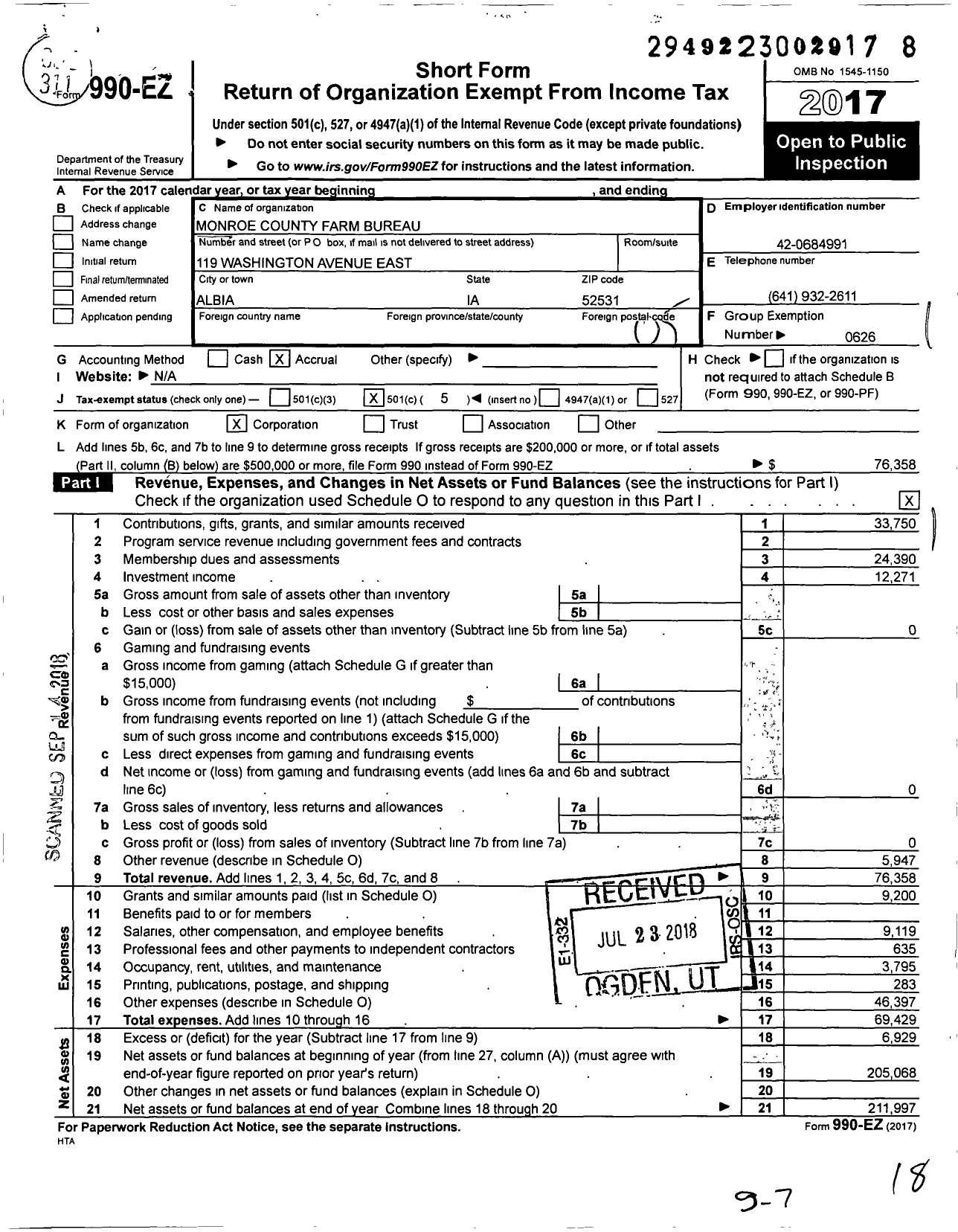 Image of first page of 2017 Form 990EO for Iowa Farm Bureau Federation - Monroe County Farm Bureau