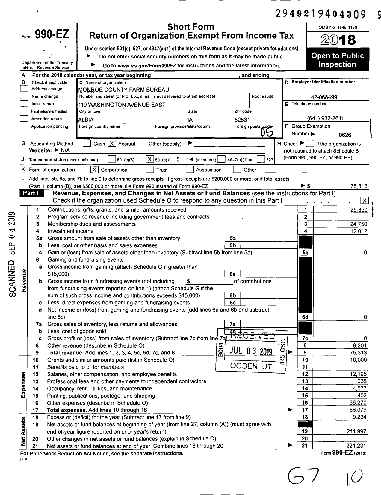 Image of first page of 2018 Form 990EO for Iowa Farm Bureau Federation - Monroe County Farm Bureau