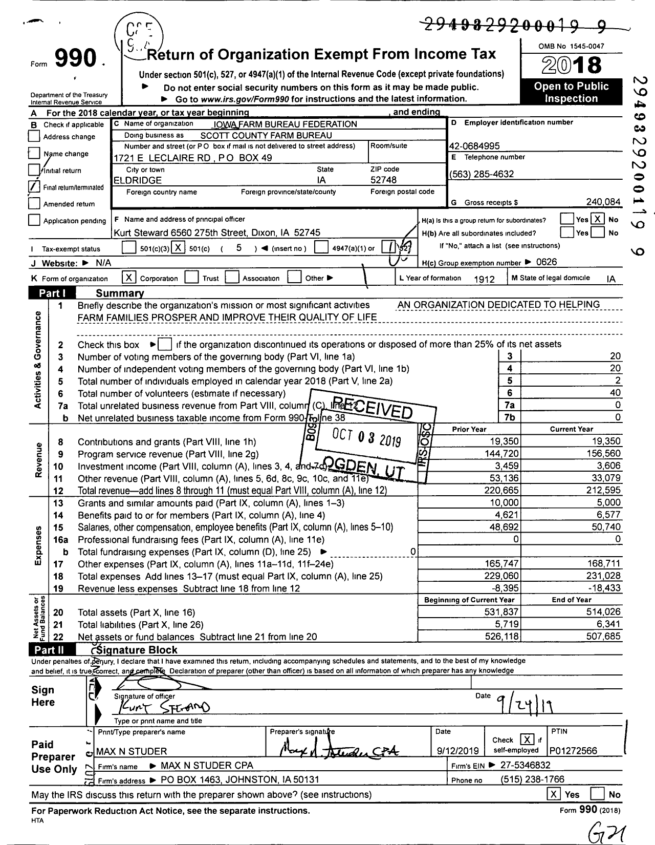 Image of first page of 2018 Form 990O for Iowa Farm Bureau Federation - Scott County Farm Bureau