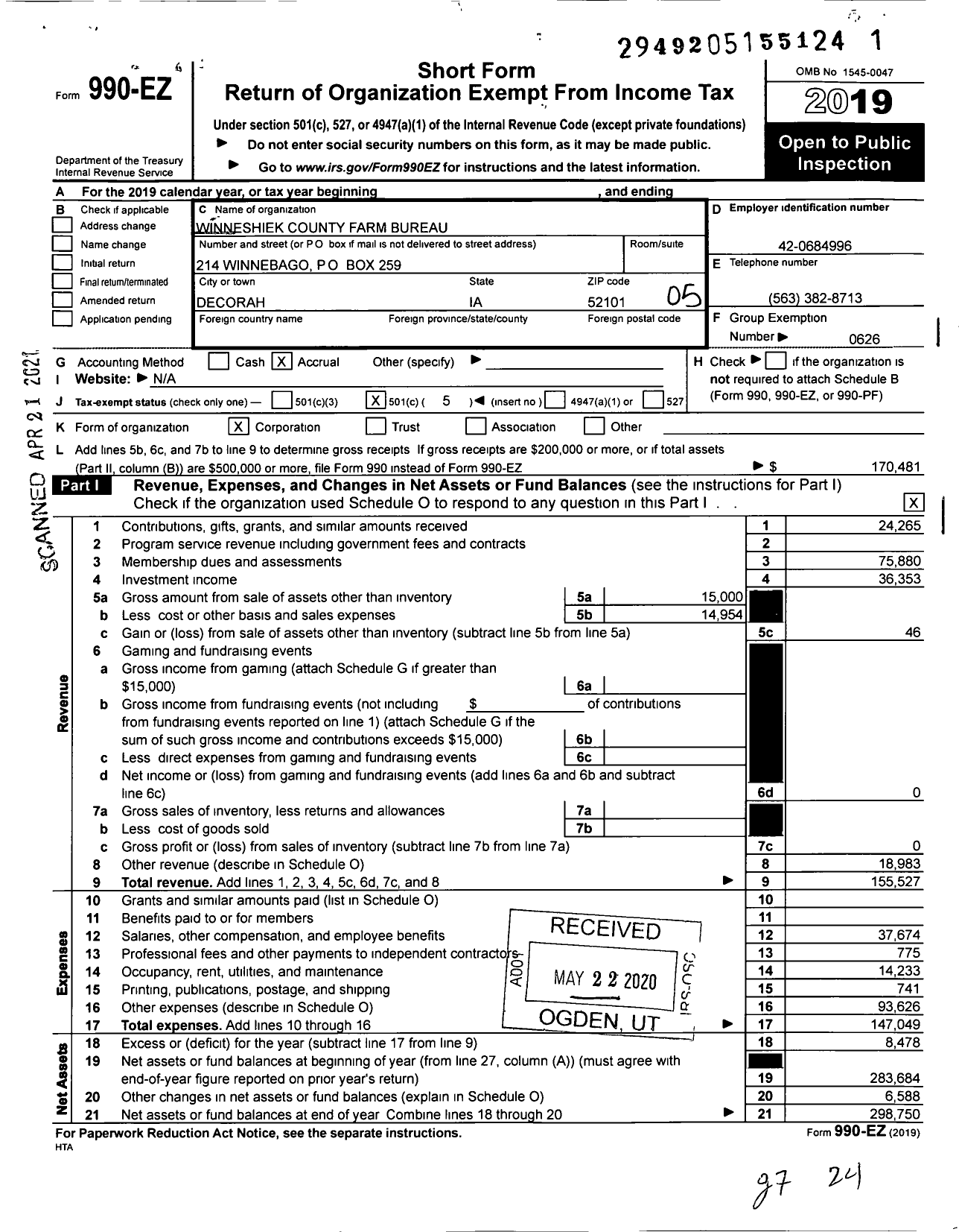 Image of first page of 2019 Form 990EO for Iowa Farm Bureau Federation - Winneshiek County Farm Bureau