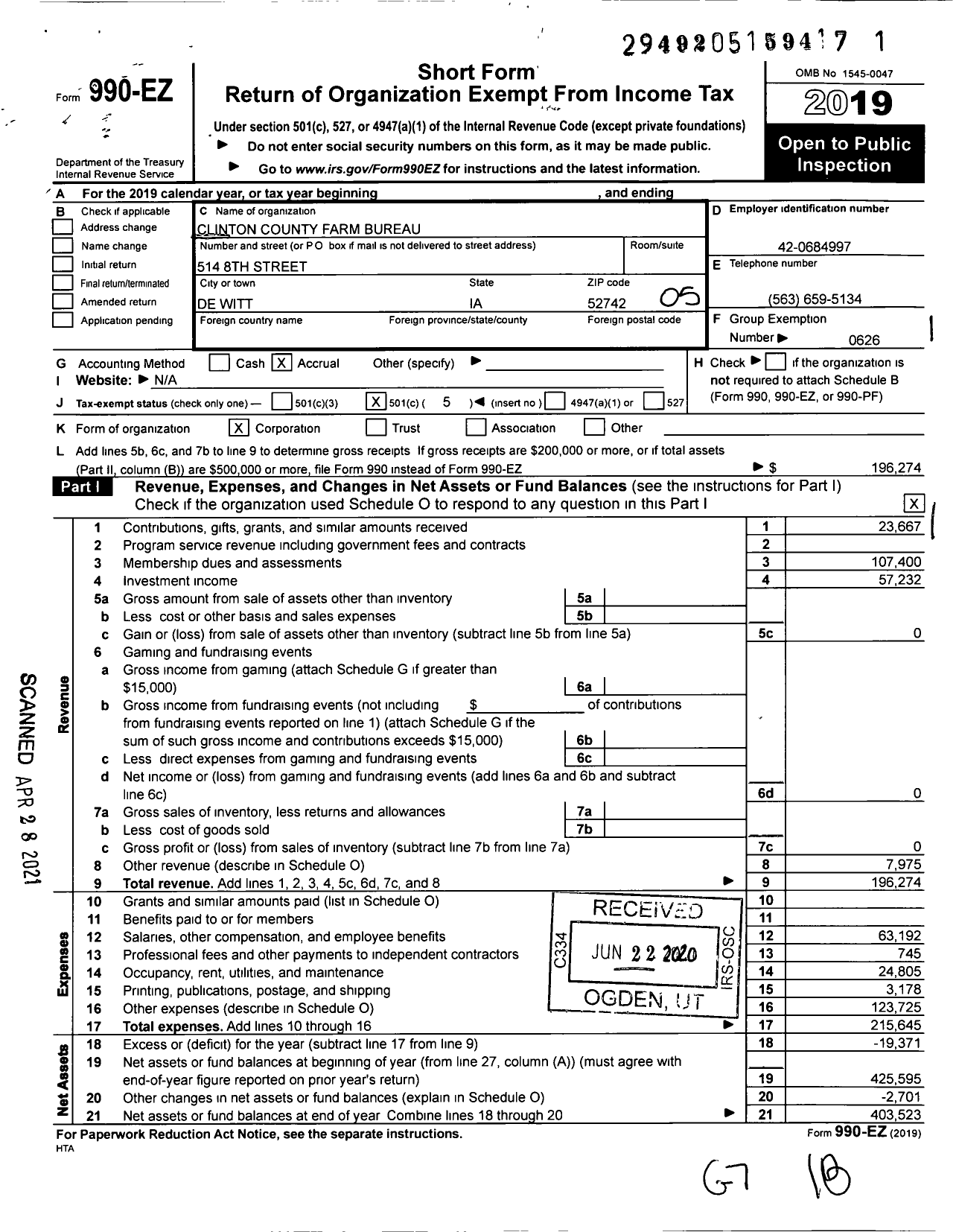 Image of first page of 2019 Form 990EO for Iowa Farm Bureau Federation - Clinton County Farm Bureau