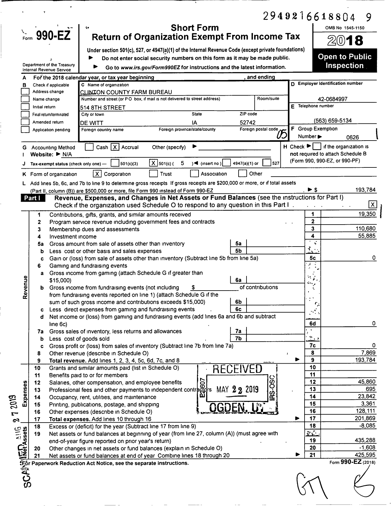 Image of first page of 2018 Form 990EO for Iowa Farm Bureau Federation - Clinton County Farm Bureau